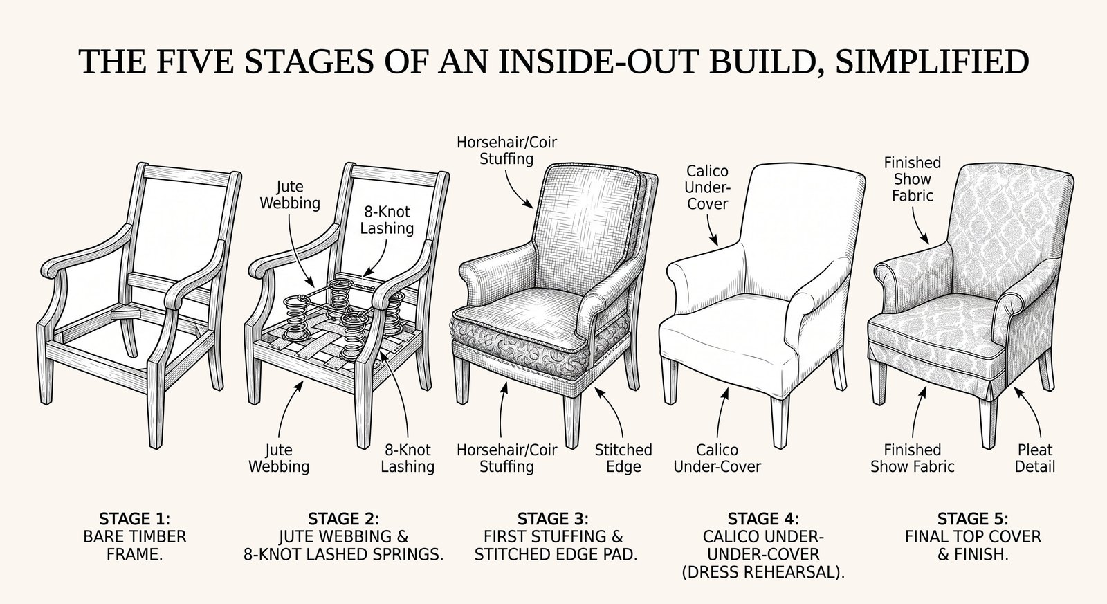 Five stages of an inside-out build, from bare frame through webbing and springs, stuffing and stitched edge, and calico, to finished show fabric