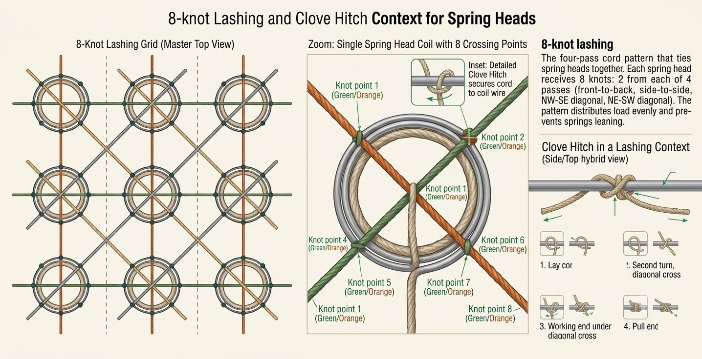 Eight-knot lashing: a top view of a nine-spring grid with four cord passes — front-to-back, side-to-side and both diagonals — and a zoomed single spring head showing its eight crossing points.