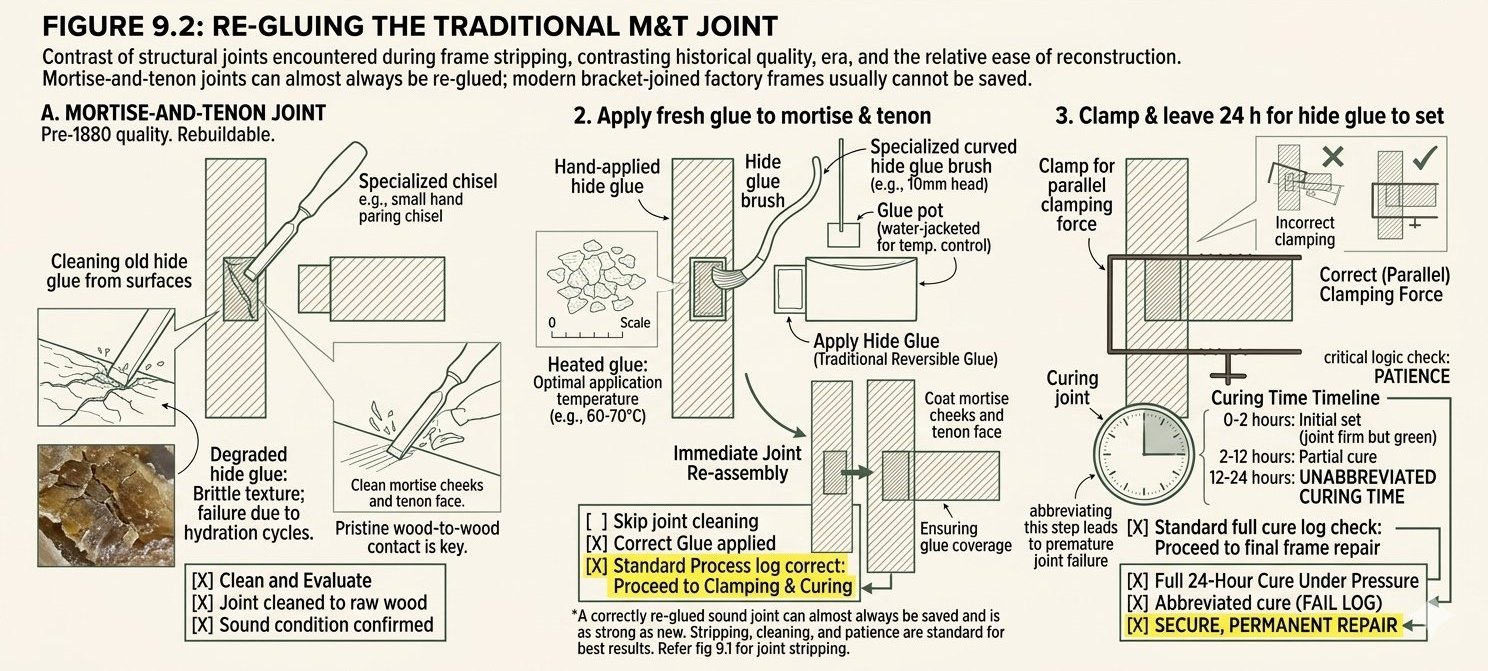 Three steps to re-glue a loose mortise-and-tenon joint: working the joint apart, scraping off old glue, and re-gluing with hide glue under clamp pressure
