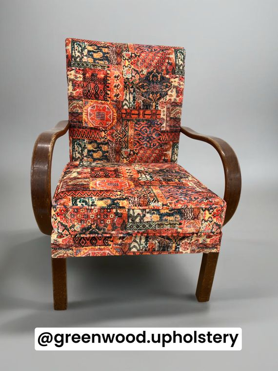 Art Deco bentwood lounge chair in a Persian kilim print.