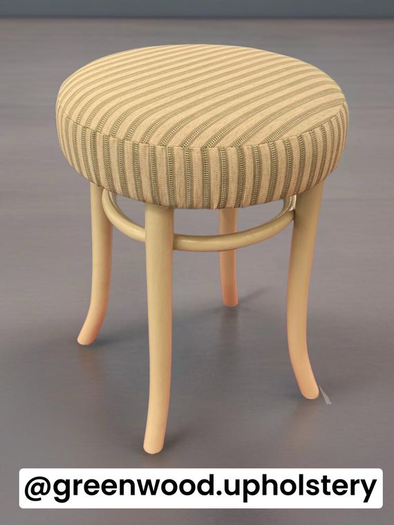 Bentwood stool in a cream-and-green ticking stripe.