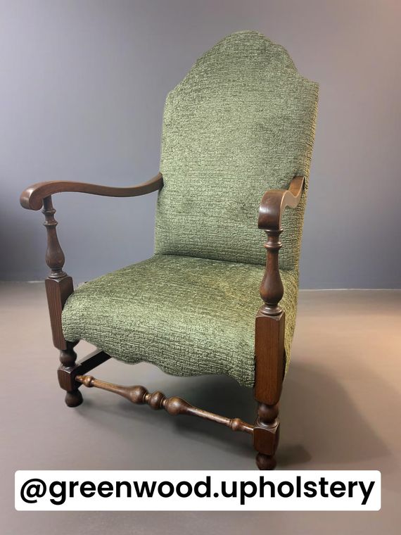 Carolean-style high-back carver in sage chenille.