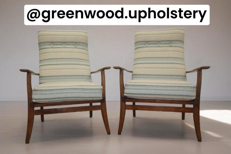 A pair of mid-century lounge chairs in a soft stripe.