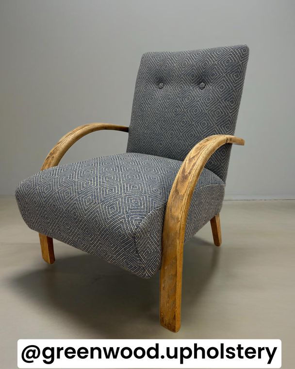 Art Deco bentwood armchair in a blue geometric weave.