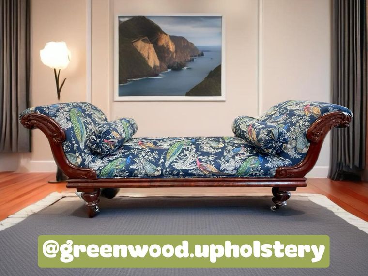 Victorian mahogany chaise longue in a peacock print.