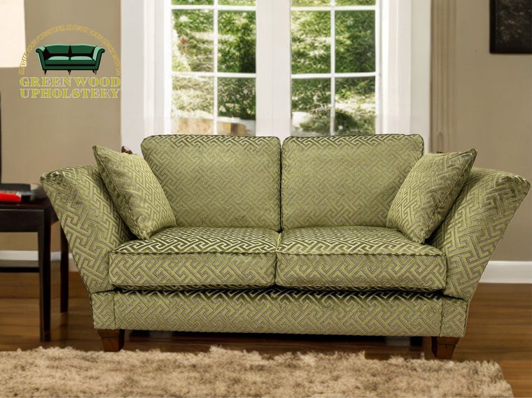 Two-seater sofa in a sage Greek-key chenille.
