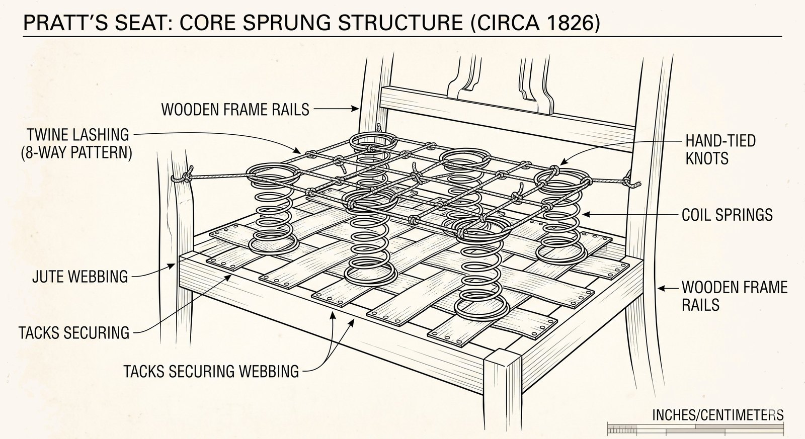 Cutaway of a Pratt sprung seat: jute webbing across the rails, hand-tied coil springs lashed across the tops
