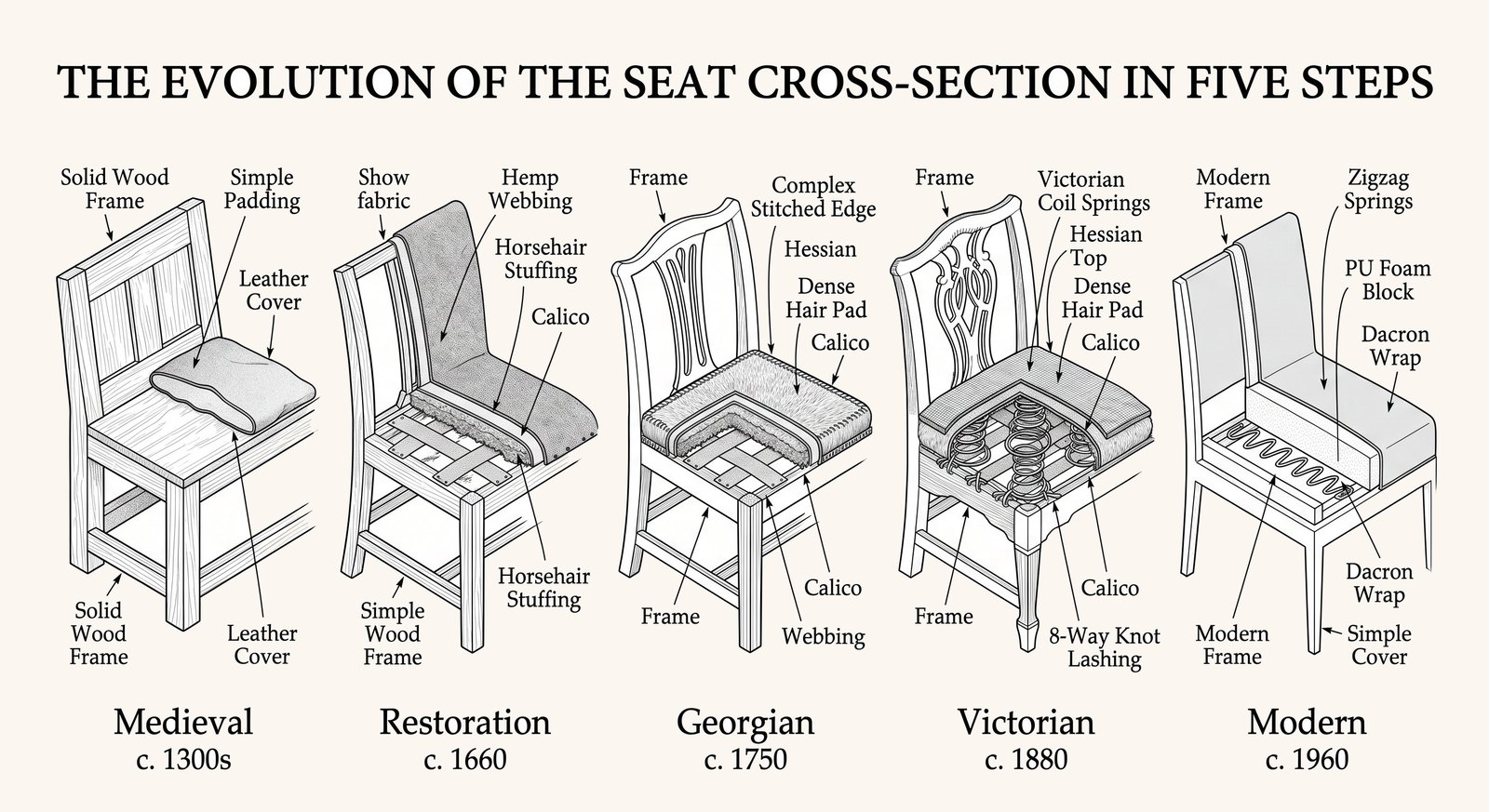Five cross-sections of a chair seat — Medieval, Restoration, Georgian, Victorian and Modern — showing the layers added at each stage