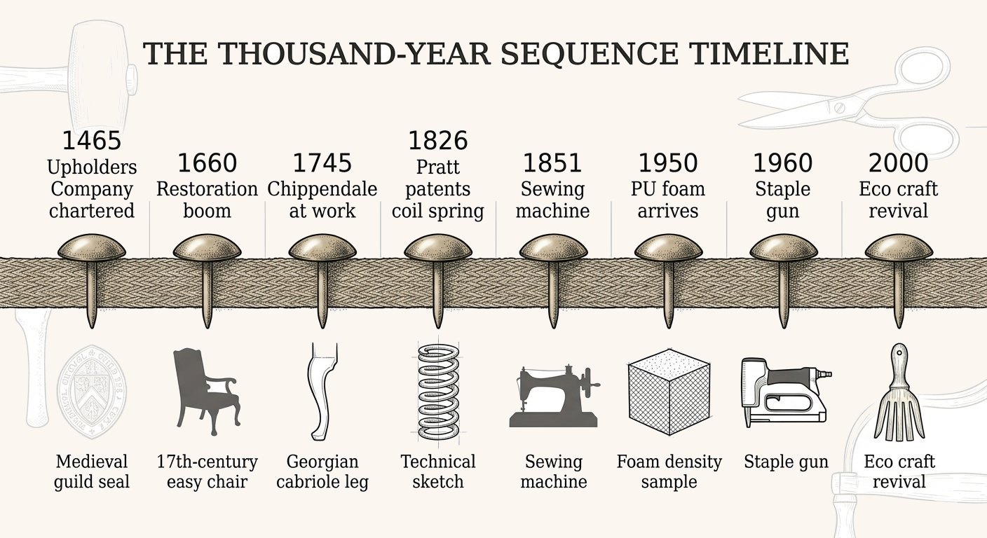 Illustrated timeline of eight milestones in upholstery history, from the Upholders’ Company charter to the modern craft revival