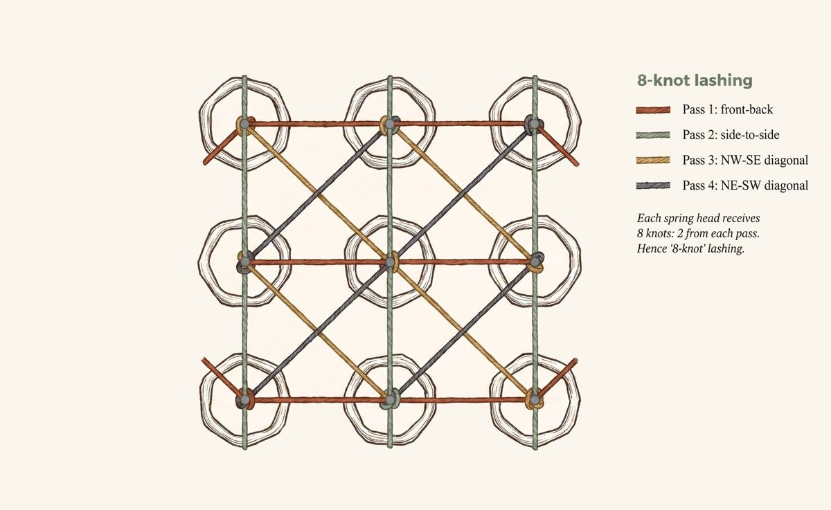 Top view of the eight-knot lashing on a nine-spring seat, showing four coloured passes