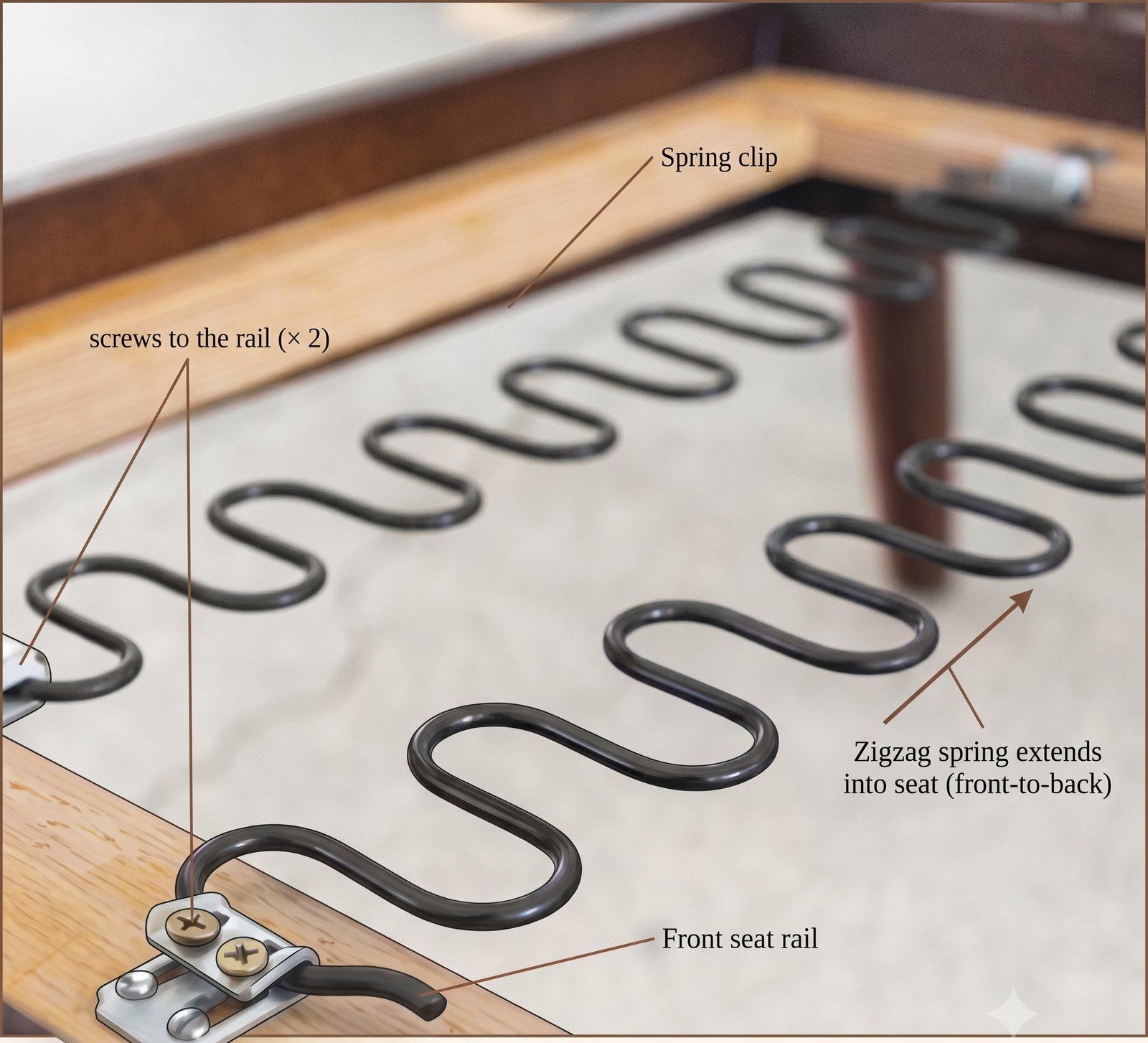 Close-up photograph of a no-sag spring clip screwed to a seat rail with a zigzag spring hooked in