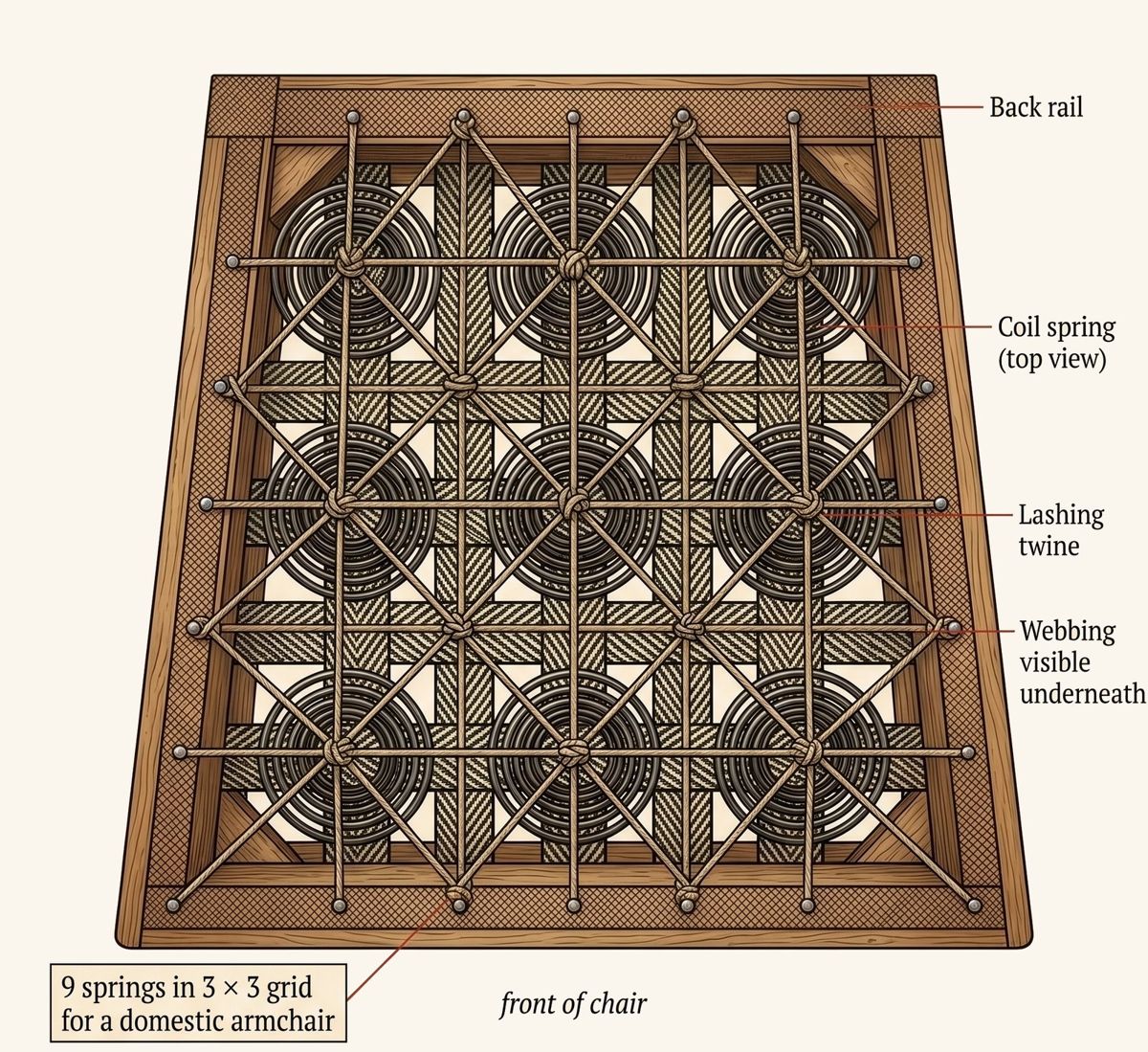 Bird's-eye view of nine coil springs in a 3 by 3 grid on a webbed seat
