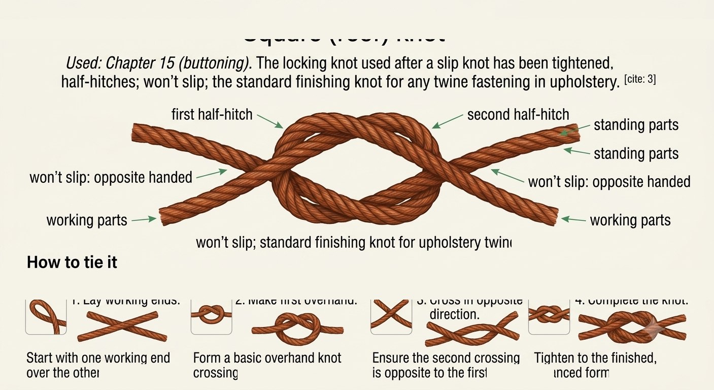 Square (reef) knot: two opposite-handed half-hitches interlock symmetrically so the knot lies flat and will not slip, with a four-step how-to-tie sequence.