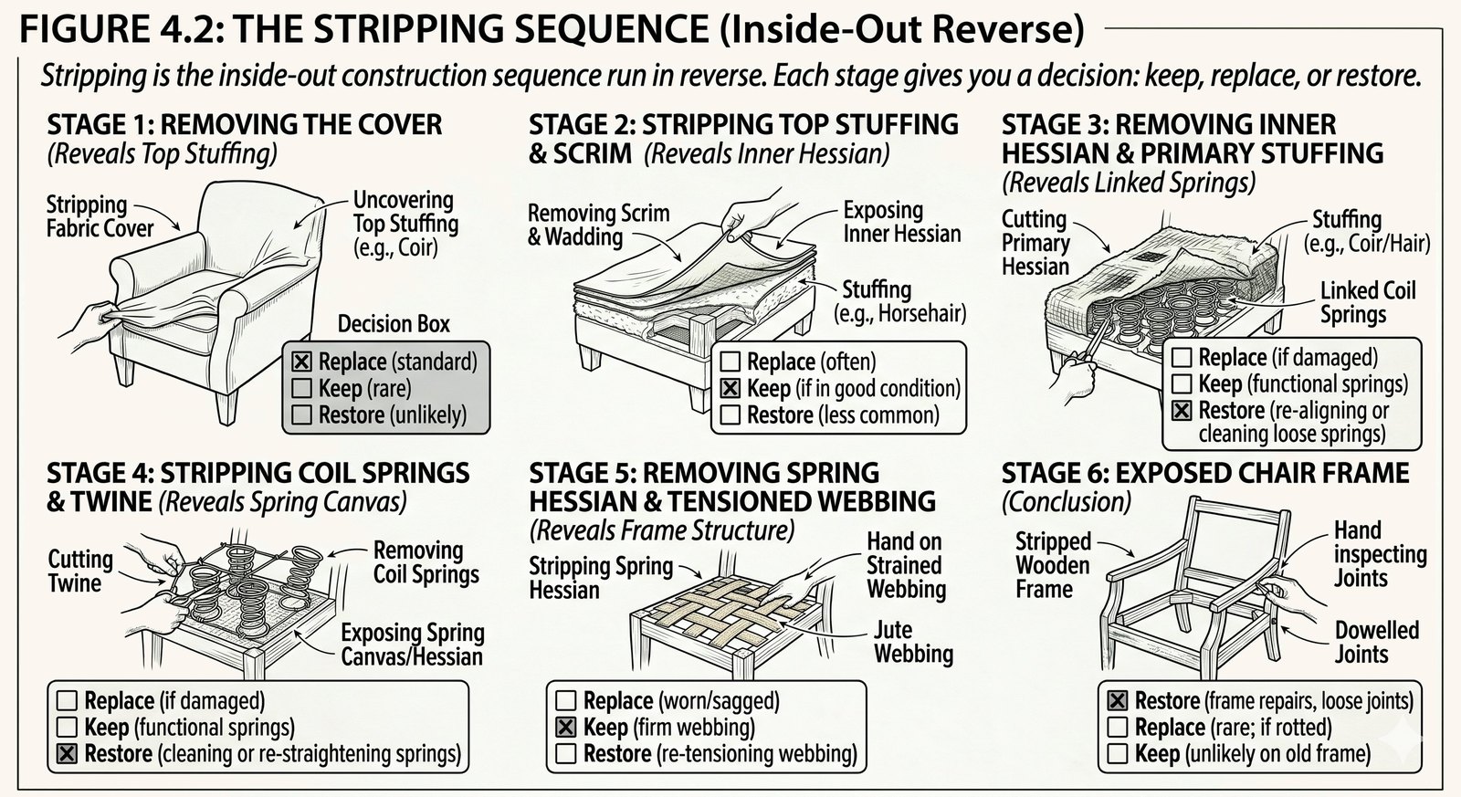 Diagram of the stripping sequence: removing top fabric, calico, top stuffing and felt, scrim and first stuffing, hessian, springs and webbing in reverse order down to the bare frame