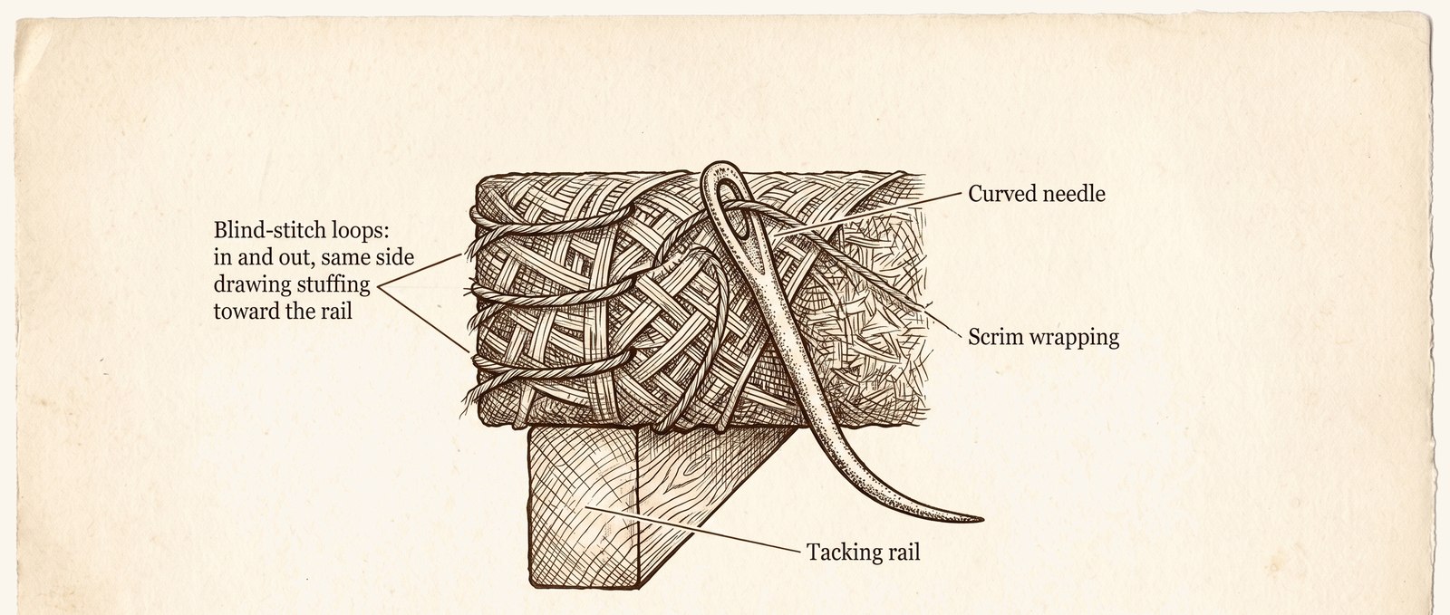 Engraving of the blind-stitch path through the rim, with a curved needle, scrim wrapping and tacking rail