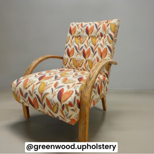 The same bentwood armchair shown re-covered in the botanical fabric by the visualiser