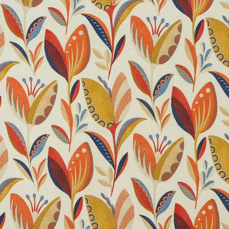 Burnt-orange botanical linen fabric swatch, photographed flat