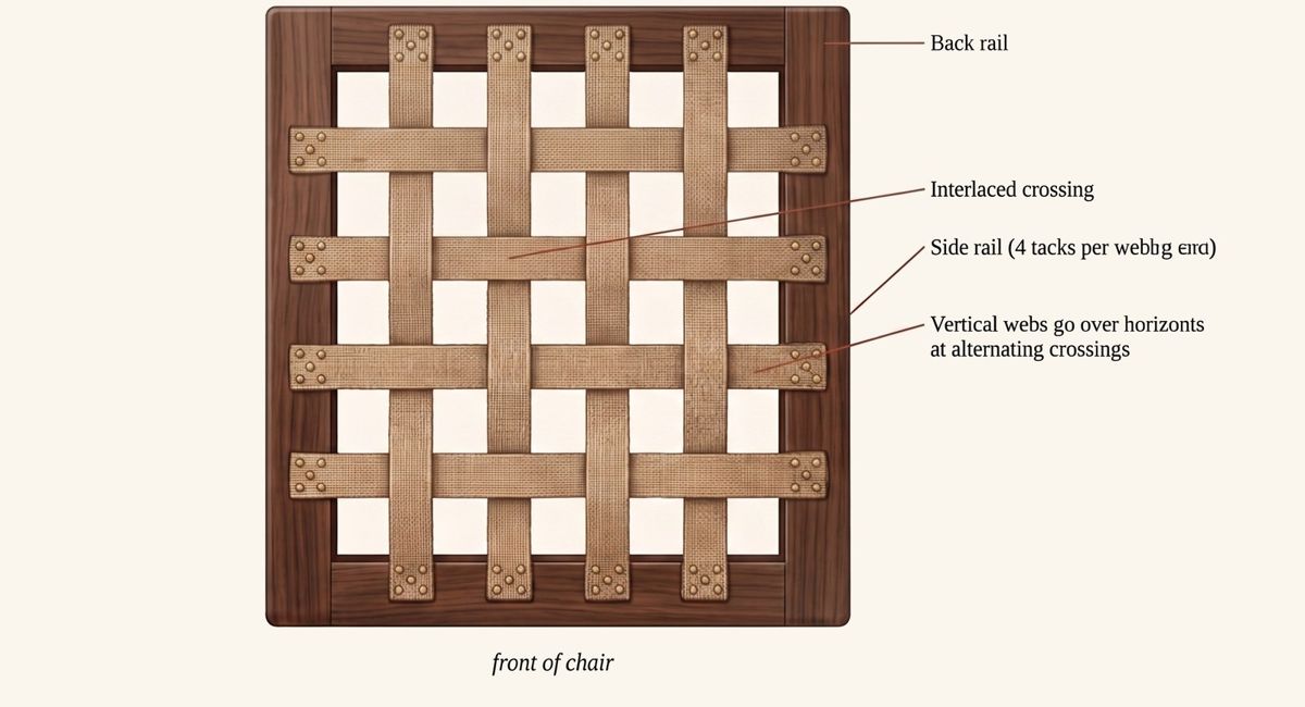Bird's-eye view of an eight-strand interlaced webbing layout, each web fixed at each end