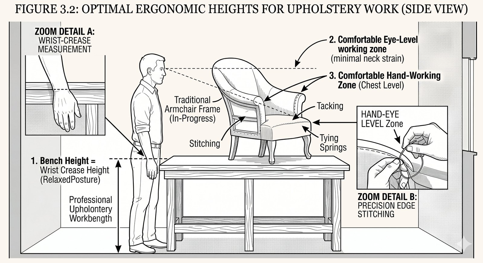 Side-view diagram of correct upholstery bench height set to the wrist crease, with a chair on the bench at a comfortable hand-and-eye working level