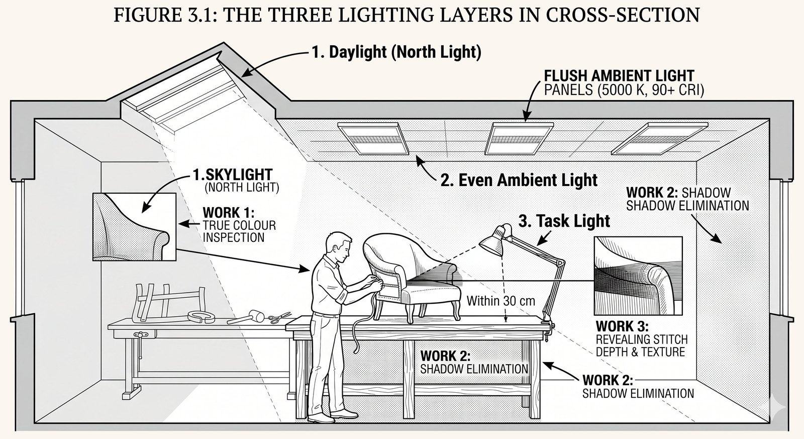 Cross-section of a workshop showing three lighting layers: north daylight, even ambient panels, and a movable task light