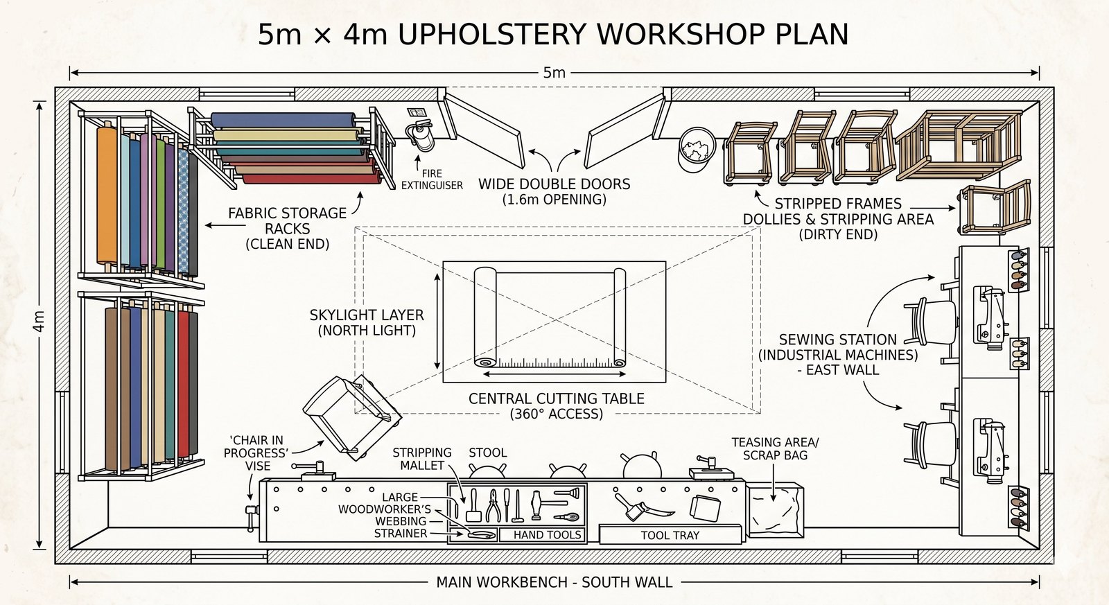 Scale plan of a 5m by 4m two-person upholstery workshop: main bench along the south wall, central cutting table, sewing station on the east wall, fabric racks and stripped-frame storage at opposite ends