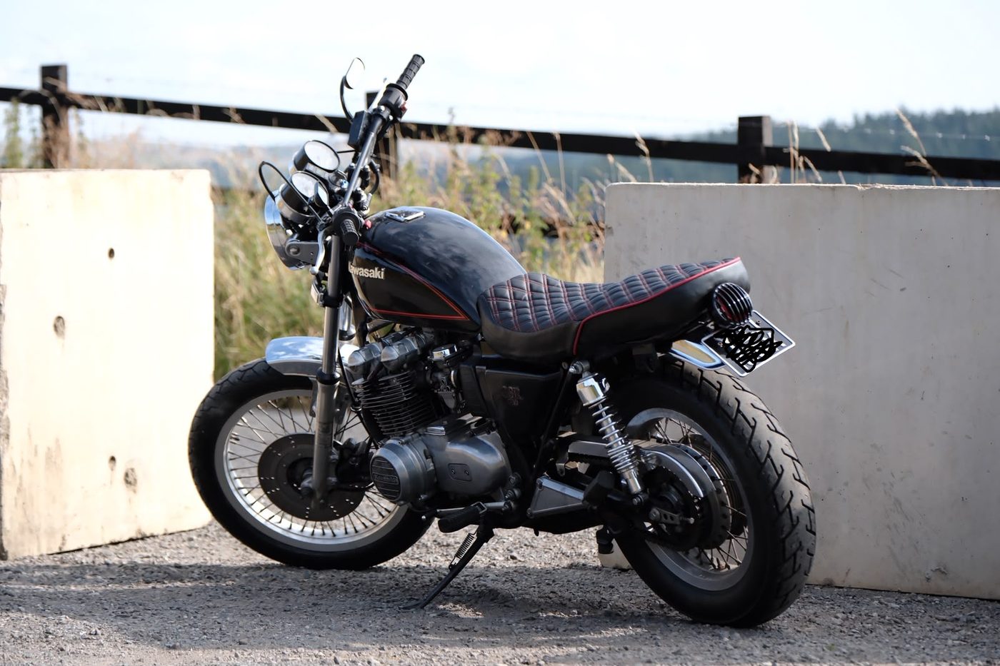 The finished bike — a one-off seat on a classic Kawasaki, ready for the road.